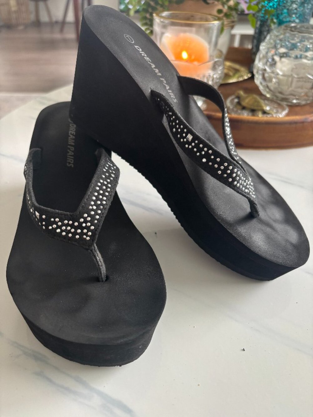 Black Wedge Flip Flops with Silver Studs